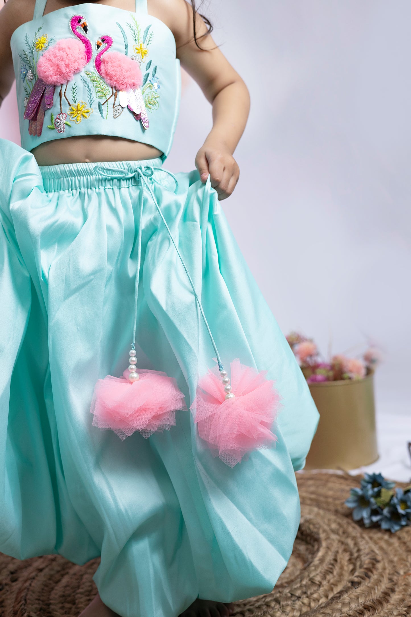 Flamingo Oasis Lehenga in sea green