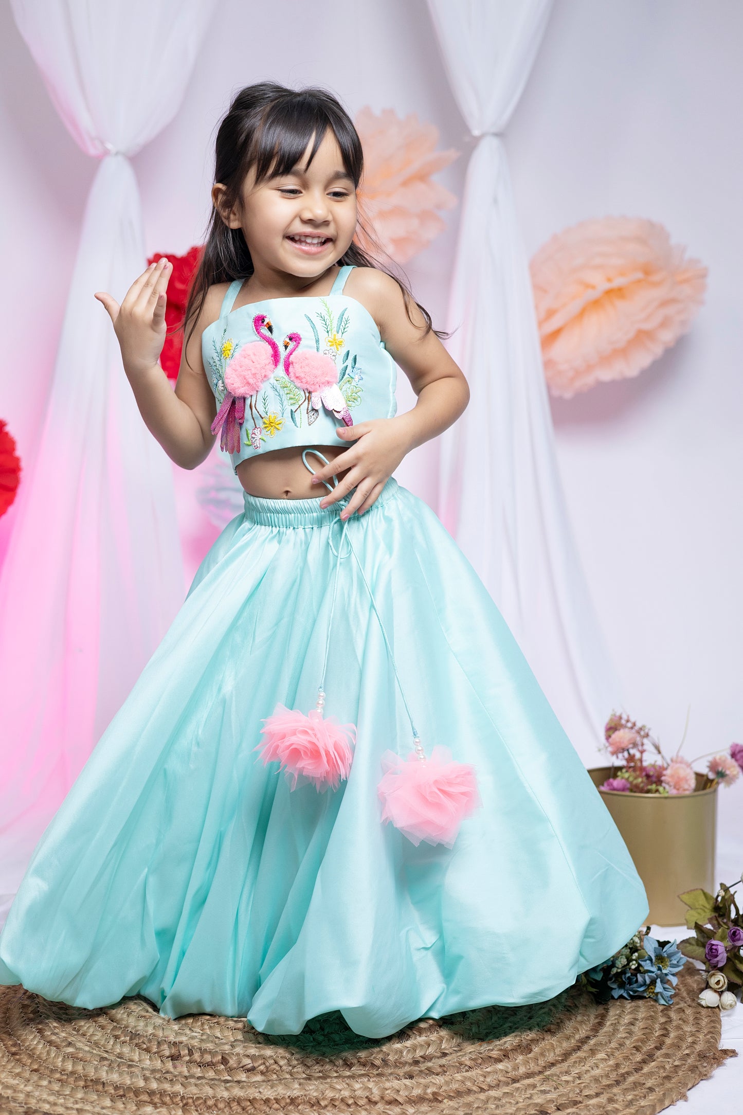 Flamingo Oasis Lehenga in sea green