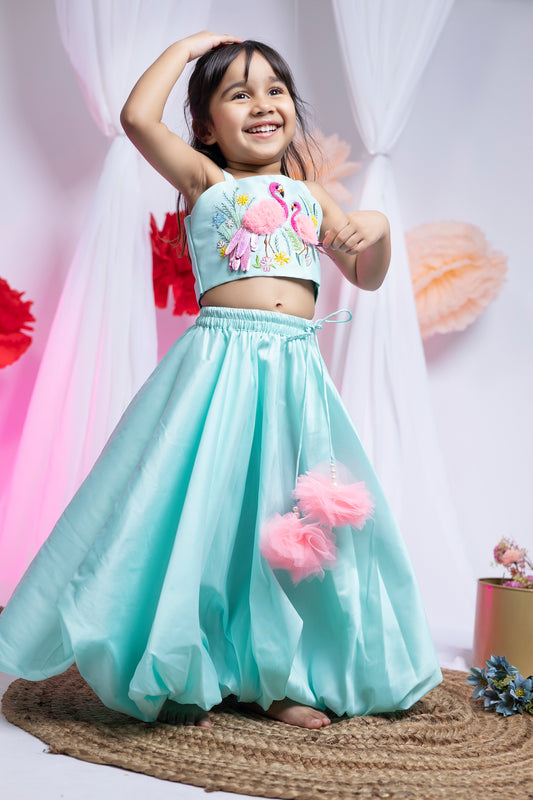 Flamingo Oasis Lehenga in sea green