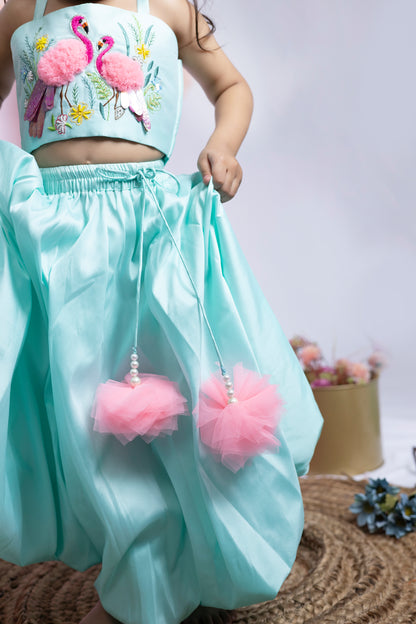 Flamingo Oasis Lehenga in sea green