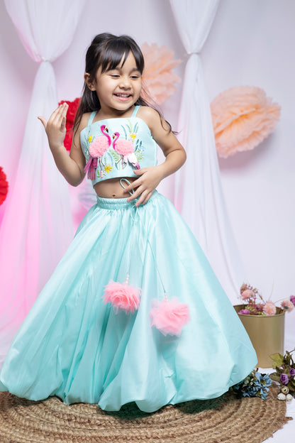 Flamingo Oasis Lehenga in sea green